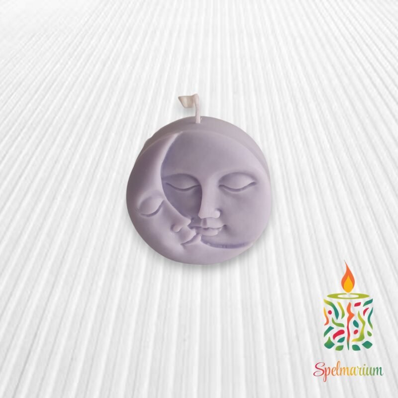 Vela con silueta de sol y luna lila